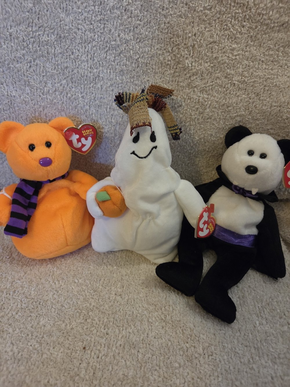 Ty Beanie Babies Halloween Plush Ghost, Orange Pumpkin & Black Panda Set
